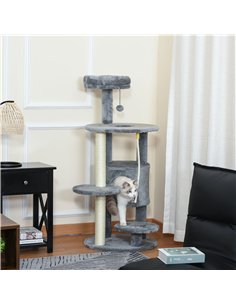 PawHut Cat Tree Tower for Indoor Cats 112cm Climbing Kitten Activity Center with Jute Scratching Post Perch Hanging Ball Toy Tea 2