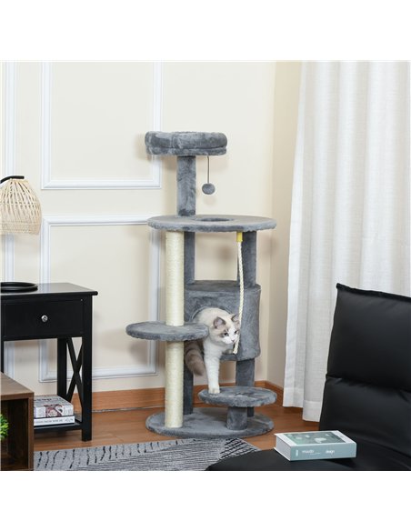 PawHut Cat Tree Tower for Indoor Cats 112cm Climbing Kitten Activity Center with Jute Scratching Post Perch Hanging Ball Toy Tea - pic 148053 | FastDaddyshop