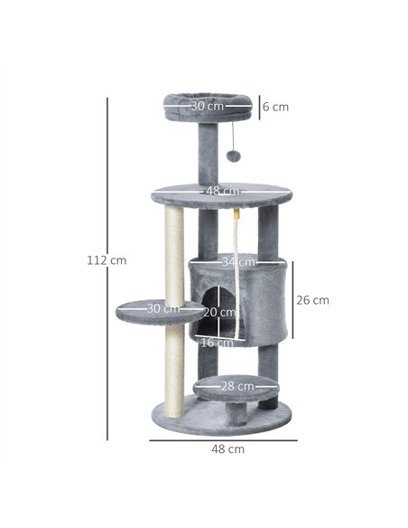 PawHut Cat Tree Tower for Indoor Cats 112cm Climbing Kitten Activity Center with Jute Scratching Post Perch Hanging Ball Toy Tea - pic 148054 | FastDaddyshop