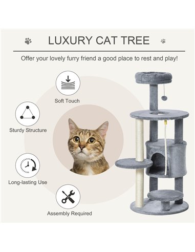PawHut Cat Tree Tower for Indoor Cats 112cm Climbing Kitten Activity Center with Jute Scratching Post Perch Hanging Ball Toy Tea