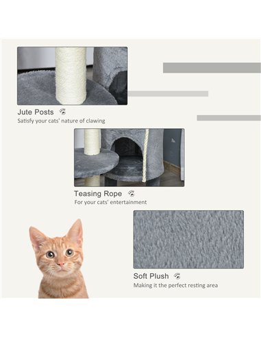 PawHut Cat Tree Tower for Indoor Cats 112cm Climbing Kitten Activity Center with Jute Scratching Post Perch Hanging Ball Toy Tea