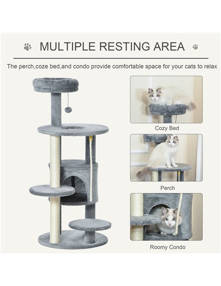 PawHut Cat Tree Tower for Indoor Cats 112cm Climbing Kitten Activity Center with Jute Scratching Post Perch Hanging Ball Toy Tea - pic 148057 | FastDaddyshop