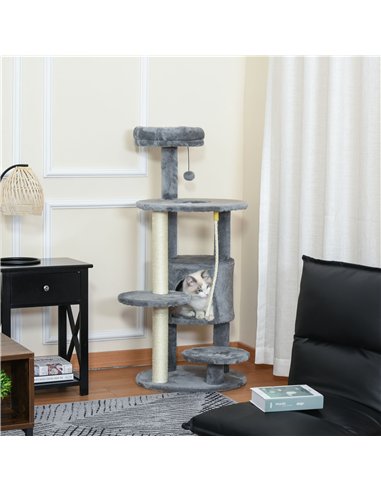 PawHut Cat Tree Tower for Indoor Cats 112cm Climbing Kitten Activity Center with Jute Scratching Post Perch Hanging Ball Toy Tea