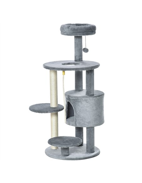 PawHut Cat Tree Tower for Indoor Cats 112cm Climbing Kitten Activity Center with Jute Scratching Post Perch Hanging Ball Toy Tea - pic 148059 | FastDaddyshop