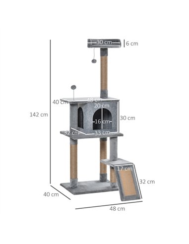 PawHut Cat Tree Tower for Indoor Cats 142cm Climbing Kitten Activity Center with Jute Scratching Post  Board Perch Roomy Condo R