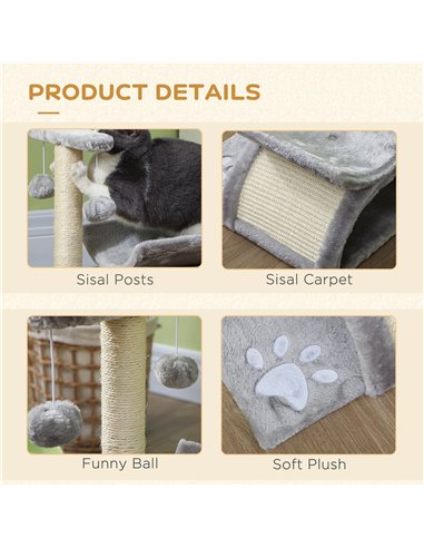 PawHut Cat Tree, Cat Tower for Kittens with Rotatable Top Bar, Sisal Scratching Post, Tunnel, Dangling Balls - Grey