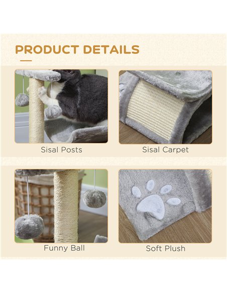 PawHut Cat Tree, Cat Tower for Kittens with Rotatable Top Bar, Sisal Scratching Post, Tunnel, Dangling Balls - Grey - pic 148084 | FastDaddyshop
