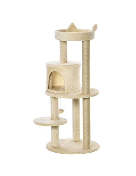 PawHut 104 cm Cat Tree, Cat Condo Tree Tower, Cat Activity Centre with Scratching Posts, Plush Perch, Hanging Ball - Cream White - pic 148088 | FastDaddyshop