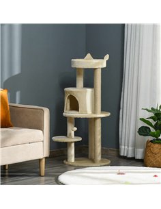 PawHut 104 cm Cat Tree, Cat Condo Tree Tower, Cat Activity Centre with Scratching Posts, Plush Perch, Hanging Ball - Cream White 2