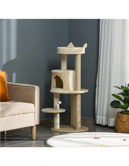 PawHut 104 cm Cat Tree, Cat Condo Tree Tower, Cat Activity Centre with Scratching Posts, Plush Perch, Hanging Ball - Cream White - pic 148089 | FastDaddyshop