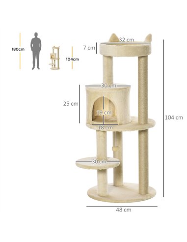 PawHut 104 cm Cat Tree, Cat Condo Tree Tower, Cat Activity Centre with Scratching Posts, Plush Perch, Hanging Ball - Cream White