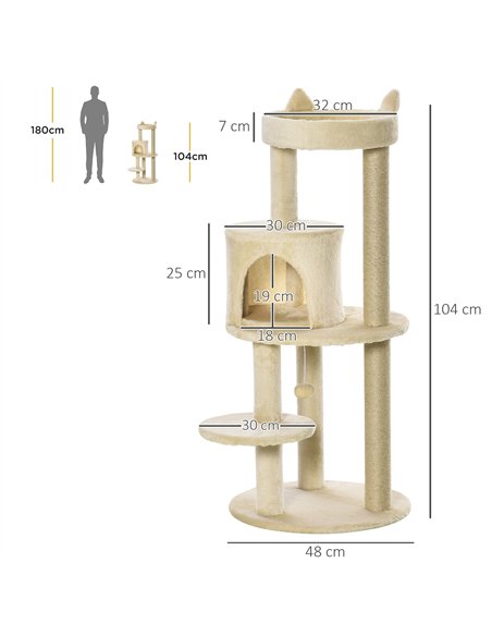 PawHut 104 cm Cat Tree, Cat Condo Tree Tower, Cat Activity Centre with Scratching Posts, Plush Perch, Hanging Ball - Cream White - pic 148090 | FastDaddyshop