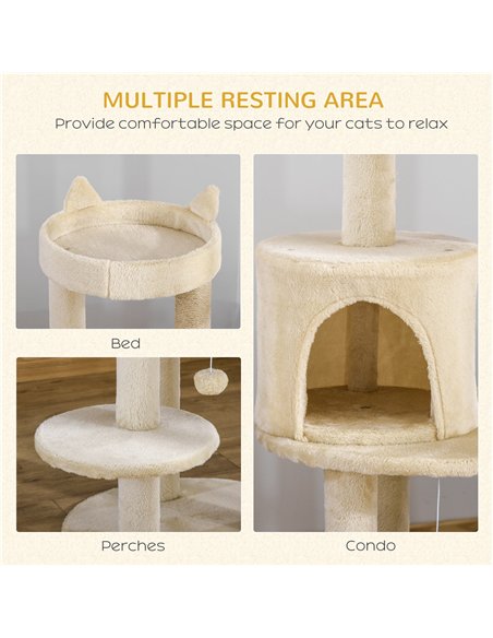 PawHut 104 cm Cat Tree, Cat Condo Tree Tower, Cat Activity Centre with Scratching Posts, Plush Perch, Hanging Ball - Cream White - pic 148091 | FastDaddyshop