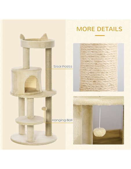 PawHut 104 cm Cat Tree, Cat Condo Tree Tower, Cat Activity Centre with Scratching Posts, Plush Perch, Hanging Ball - Cream White - pic 148092 | FastDaddyshop