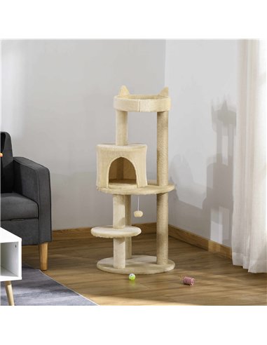 PawHut 104 cm Cat Tree, Cat Condo Tree Tower, Cat Activity Centre with Scratching Posts, Plush Perch, Hanging Ball - Cream White
