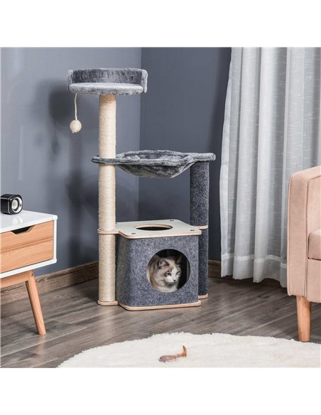 PawHut Cat Tree for Indoor Cats 95cm Climbing Tower Kitten Activity Center with Sisal Scratching Post Perch Roomy Condo Hammock  - pic 148107 | FastDaddyshop