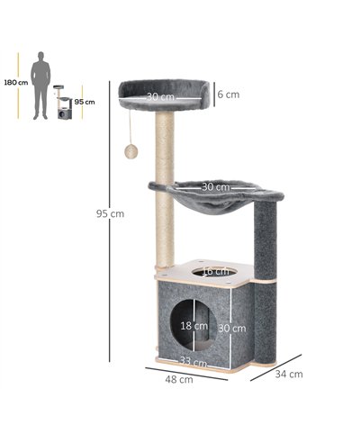 PawHut Cat Tree for Indoor Cats 95cm Climbing Tower Kitten Activity Center with Sisal Scratching Post Perch Roomy Condo Hammock 