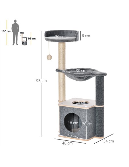 PawHut Cat Tree for Indoor Cats 95cm Climbing Tower Kitten Activity Center with Sisal Scratching Post Perch Roomy Condo Hammock  - pic 148108 | FastDaddyshop