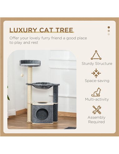 PawHut Cat Tree for Indoor Cats 95cm Climbing Tower Kitten Activity Center with Sisal Scratching Post Perch Roomy Condo Hammock 