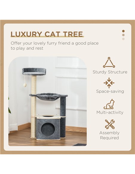 PawHut Cat Tree for Indoor Cats 95cm Climbing Tower Kitten Activity Center with Sisal Scratching Post Perch Roomy Condo Hammock  - pic 148109 | FastDaddyshop