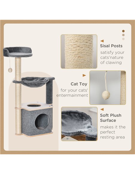 PawHut Cat Tree for Indoor Cats 95cm Climbing Tower Kitten Activity Center with Sisal Scratching Post Perch Roomy Condo Hammock  - pic 148110 | FastDaddyshop