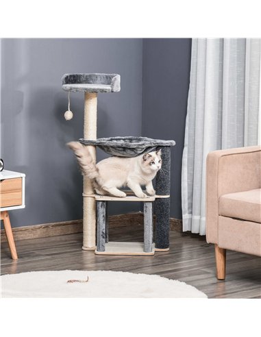 PawHut Cat Tree for Indoor Cats 95cm Climbing Tower Kitten Activity Center with Sisal Scratching Post Perch Roomy Condo Hammock 