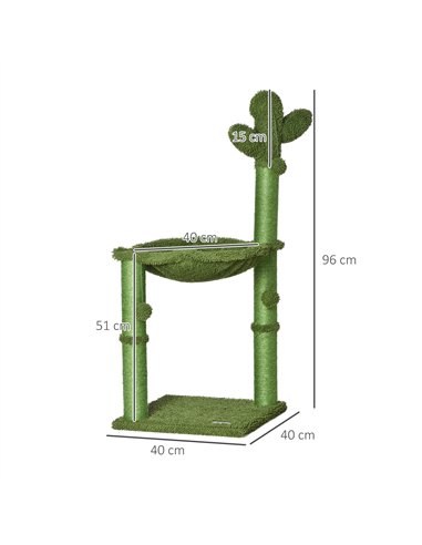 PawHut Cactus Cat Tree Tower for Indoor Cats Sisal Scratching Post with Hammock Bed Dangling Ball 40 x 40 x 96 cm