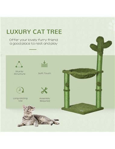 PawHut Cactus Cat Tree Tower for Indoor Cats Sisal Scratching Post with Hammock Bed Dangling Ball 40 x 40 x 96 cm