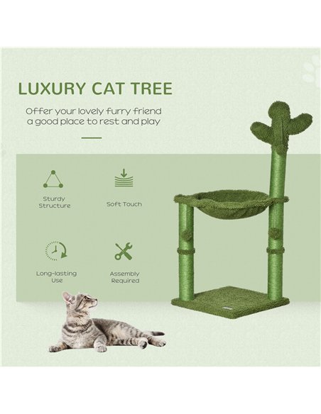 PawHut Cactus Cat Tree Tower for Indoor Cats Sisal Scratching Post with Hammock Bed Dangling Ball 40 x 40 x 96 cm - pic 148118 | FastDaddyshop
