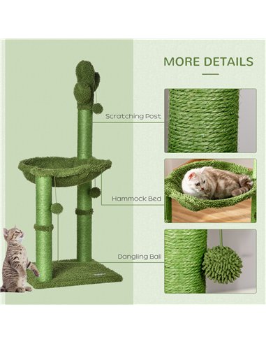PawHut Cactus Cat Tree Tower for Indoor Cats Sisal Scratching Post with Hammock Bed Dangling Ball 40 x 40 x 96 cm