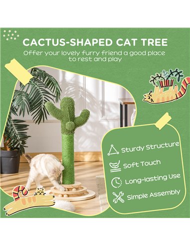 PawHut Cat Tree Cactus Sisal Scratching Post for Indoor Cats Play Tower Kitten Furniture with Hanging Ball Interactive Fun Rolle