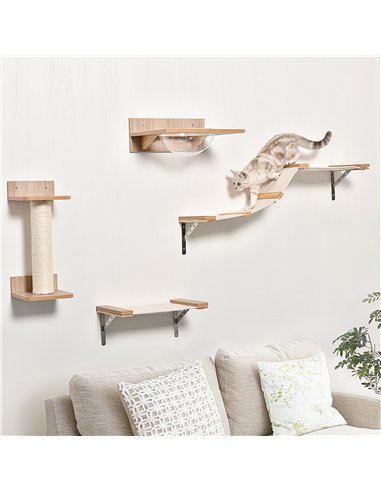 PawHut 4PCs Wall-mounted Cats Climbing Shelf Set Cat Tree Kitten Perch Activity Center with Hammock Scratching Post Jumping Plat