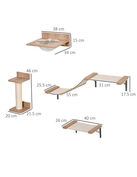 PawHut 4PCs Wall-mounted Cats Climbing Shelf Set Cat Tree Kitten Perch Activity Center with Hammock Scratching Post Jumping Plat - pic 148135 | FastDaddyshop