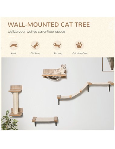 PawHut 4PCs Wall-mounted Cats Climbing Shelf Set Cat Tree Kitten Perch Activity Center with Hammock Scratching Post Jumping Plat