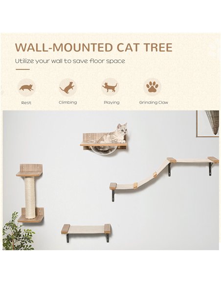 PawHut 4PCs Wall-mounted Cats Climbing Shelf Set Cat Tree Kitten Perch Activity Center with Hammock Scratching Post Jumping Plat - pic 148136 | FastDaddyshop