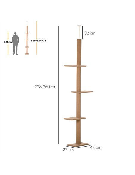 PawHut 260cm Floor To Ceiling Cat Tree for Indoor Cats w/ Three Platforms Activity Centre - Brown - pic 148162 | FastDaddyshop