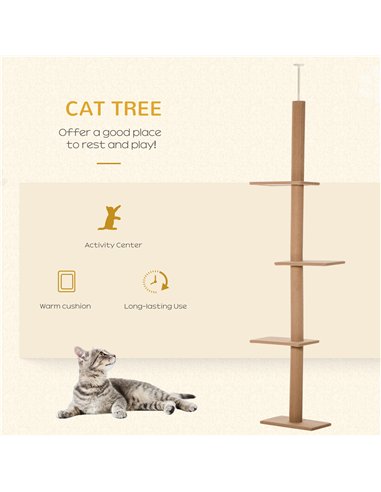 PawHut 260cm Floor To Ceiling Cat Tree for Indoor Cats w/ Three Platforms Activity Centre - Brown