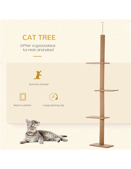 PawHut 260cm Floor To Ceiling Cat Tree for Indoor Cats w/ Three Platforms Activity Centre - Brown - pic 148163 | FastDaddyshop