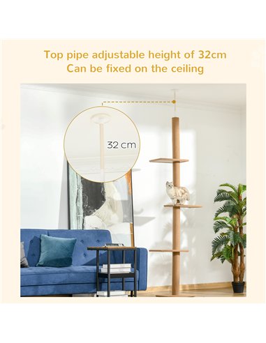 PawHut 260cm Floor To Ceiling Cat Tree for Indoor Cats w/ Three Platforms Activity Centre - Brown