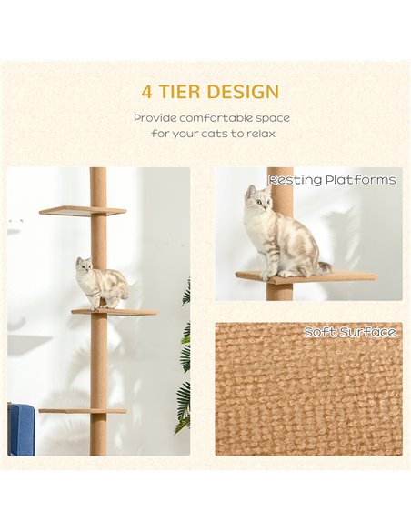 PawHut 260cm Floor To Ceiling Cat Tree for Indoor Cats w/ Three Platforms Activity Centre - Brown - pic 148165 | FastDaddyshop