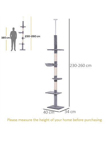 PawHut Floor to Ceiling Cat Tree for Indoor Cats 5-Tier Kitty Tower Climbing Activity Center Scratching Post Adjustable Height 2