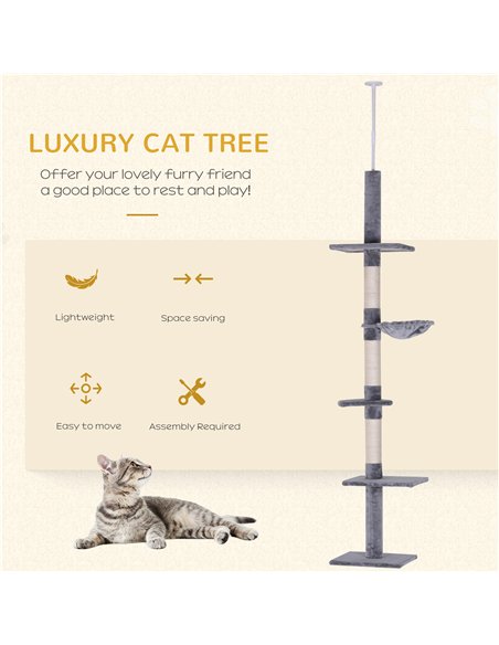 PawHut Floor to Ceiling Cat Tree for Indoor Cats 5-Tier Kitty Tower Climbing Activity Center Scratching Post Adjustable Height 2 - pic 148190 | FastDaddyshop