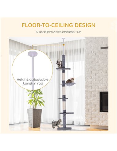 PawHut Floor to Ceiling Cat Tree for Indoor Cats 5-Tier Kitty Tower Climbing Activity Center Scratching Post Adjustable Height 2