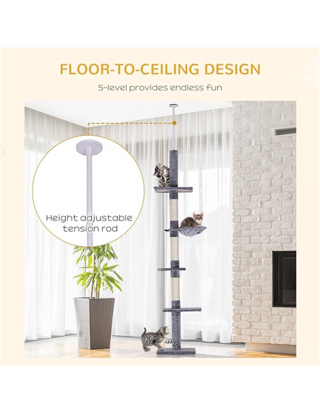 PawHut Floor to Ceiling Cat Tree for Indoor Cats 5-Tier Kitty Tower Climbing Activity Center Scratching Post Adjustable Height 2 - pic 148191 | FastDaddyshop