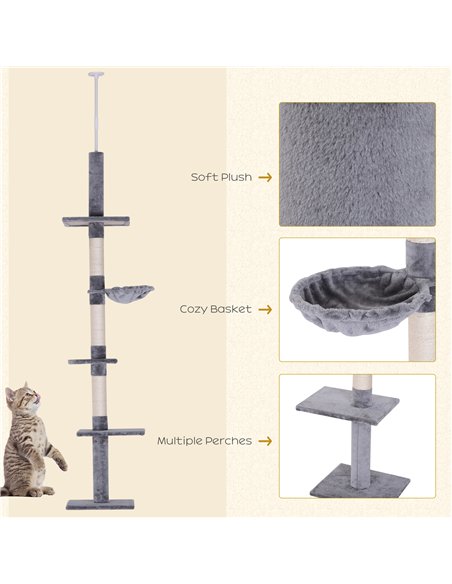 PawHut Floor to Ceiling Cat Tree for Indoor Cats 5-Tier Kitty Tower Climbing Activity Center Scratching Post Adjustable Height 2 - pic 148192 | FastDaddyshop