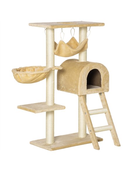 PawHut Cat Tree Tower for Indoor Cats Kitten Activity Centre Scratching Post w/ Hammock House Basket Ladder - Beige - pic 148196 | FastDaddyshop