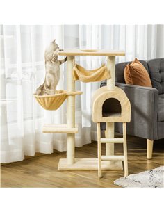 PawHut Cat Tree Tower for Indoor Cats Kitten Activity Centre Scratching Post w/ Hammock House Basket Ladder - Beige 2