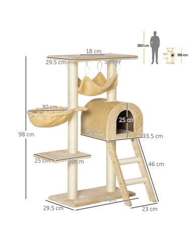 PawHut Cat Tree Tower for Indoor Cats Kitten Activity Centre Scratching Post w/ Hammock House Basket Ladder - Beige