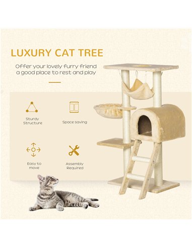 PawHut Cat Tree Tower for Indoor Cats Kitten Activity Centre Scratching Post w/ Hammock House Basket Ladder - Beige