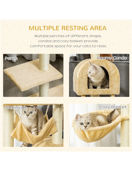 PawHut Cat Tree Tower for Indoor Cats Kitten Activity Centre Scratching Post w/ Hammock House Basket Ladder - Beige - pic 148200 | FastDaddyshop